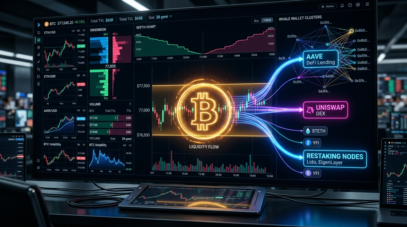 Биткоин в консолидации $77k: скрытая ротация китов в DeFi (AAVE, UNI, ETHFI) и карта ликвидаций сентября 2026