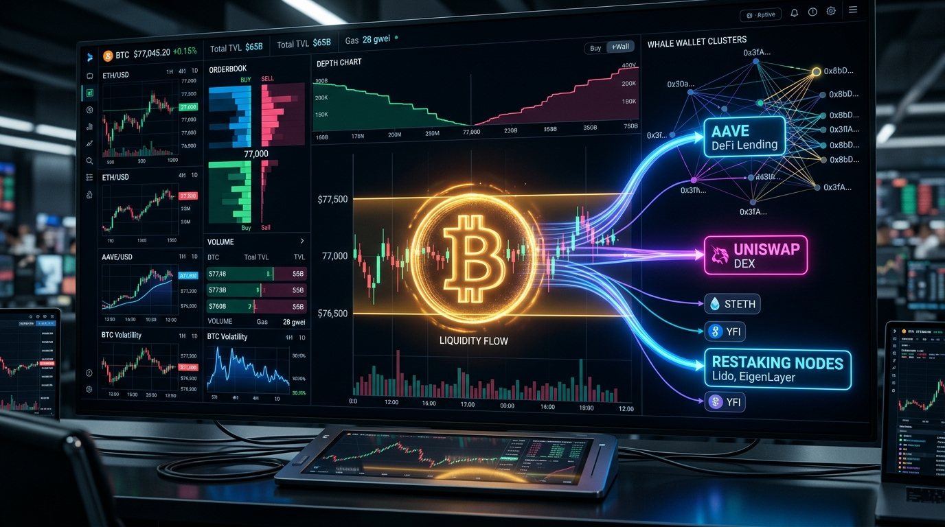 Биткоин в консолидации $77k: скрытая ротация китов в DeFi (AAVE, UNI, ETHFI) и карта ликвидаций сентября 2026