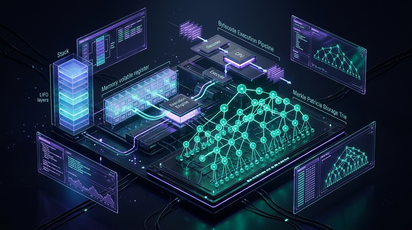 Архитектура виртуальной машины Ethereum EVM: Стек, Память, Байткод и Дерево состояний Merkle Patricia Trie